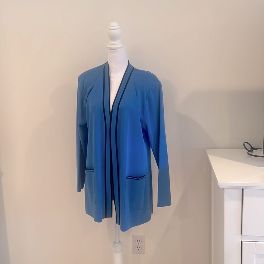 Beautiful Misook cardigan black pipe in downtown front a gorgeous blue